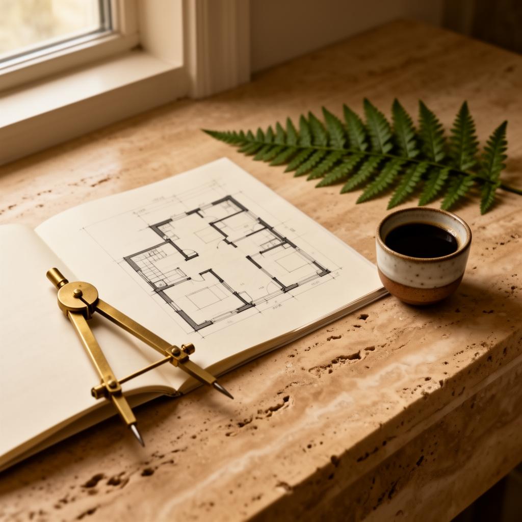 An architect's residential floor plan with a brass compass and ceramic coffee cup on travertine