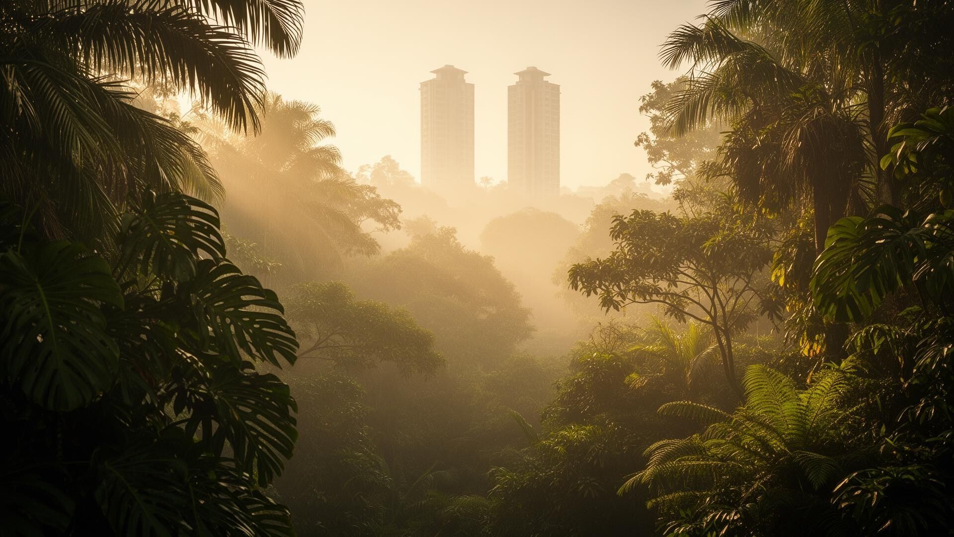 Twin residential towers rising through tropical Malaysian rainforest mist at dawn