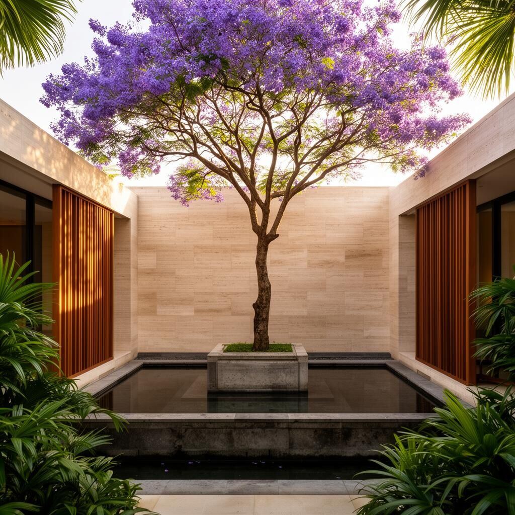 A serene residential courtyard with a flowering jacaranda tree above a still water feature