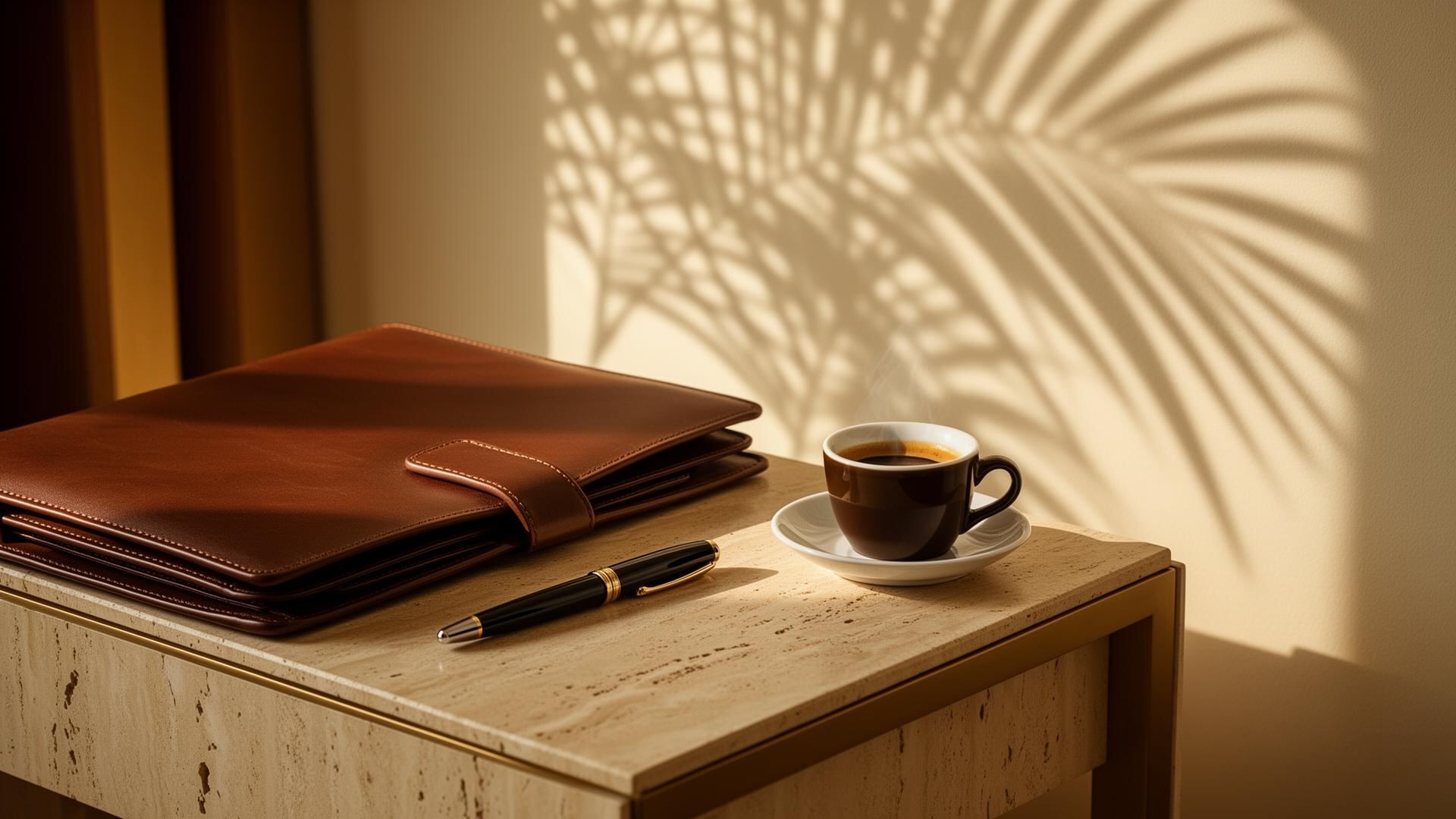 Executive portfolio and espresso on a travertine side table