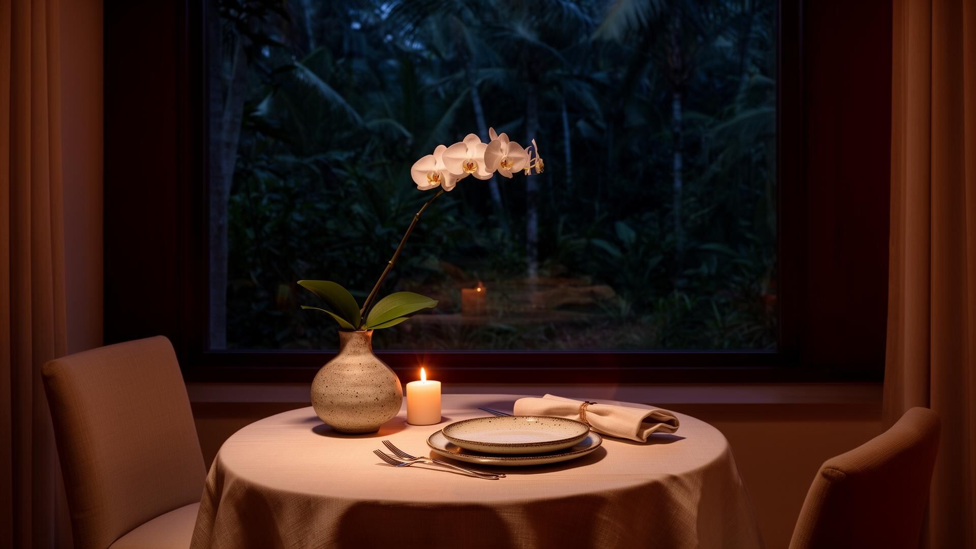 A candlelit private dining nook overlooking the rainforest at dusk