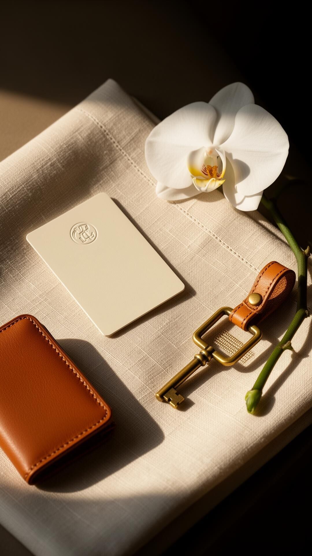 The Maison Passport — an ivory membership card on folded linen, beside a leather folio, brass key and a single orchid