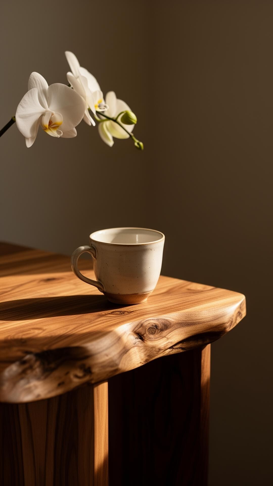 A hand-thrown ceramic teacup on warm timber, with a single orchid