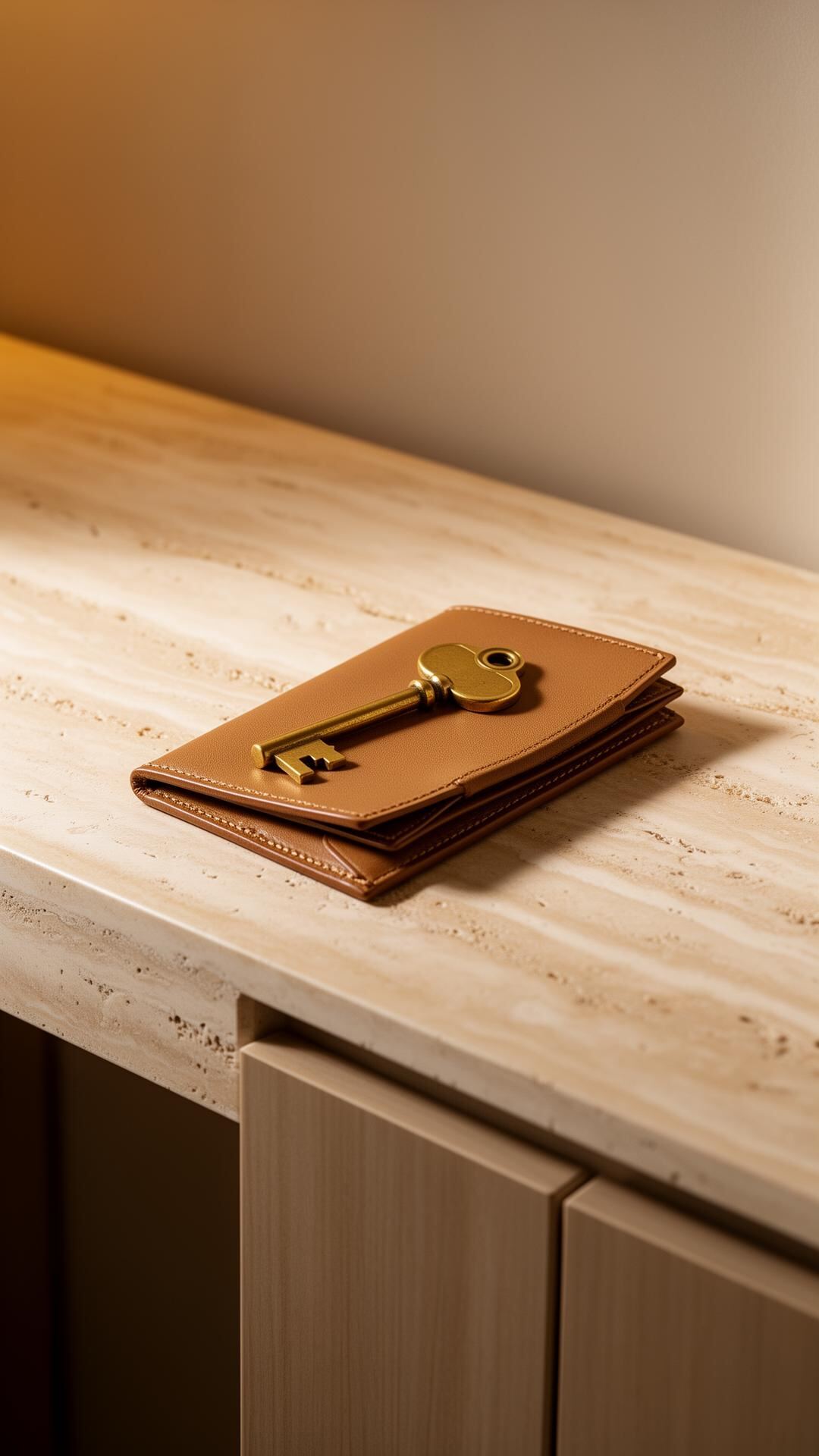 A single brass key resting on a folded leather card holder