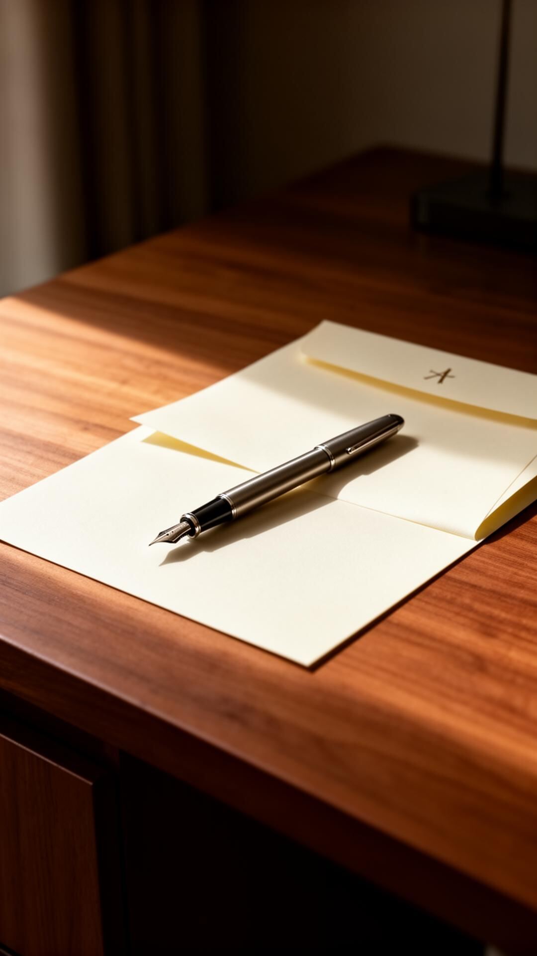 A fountain pen resting on ivory letter paper, on a warm timber desk