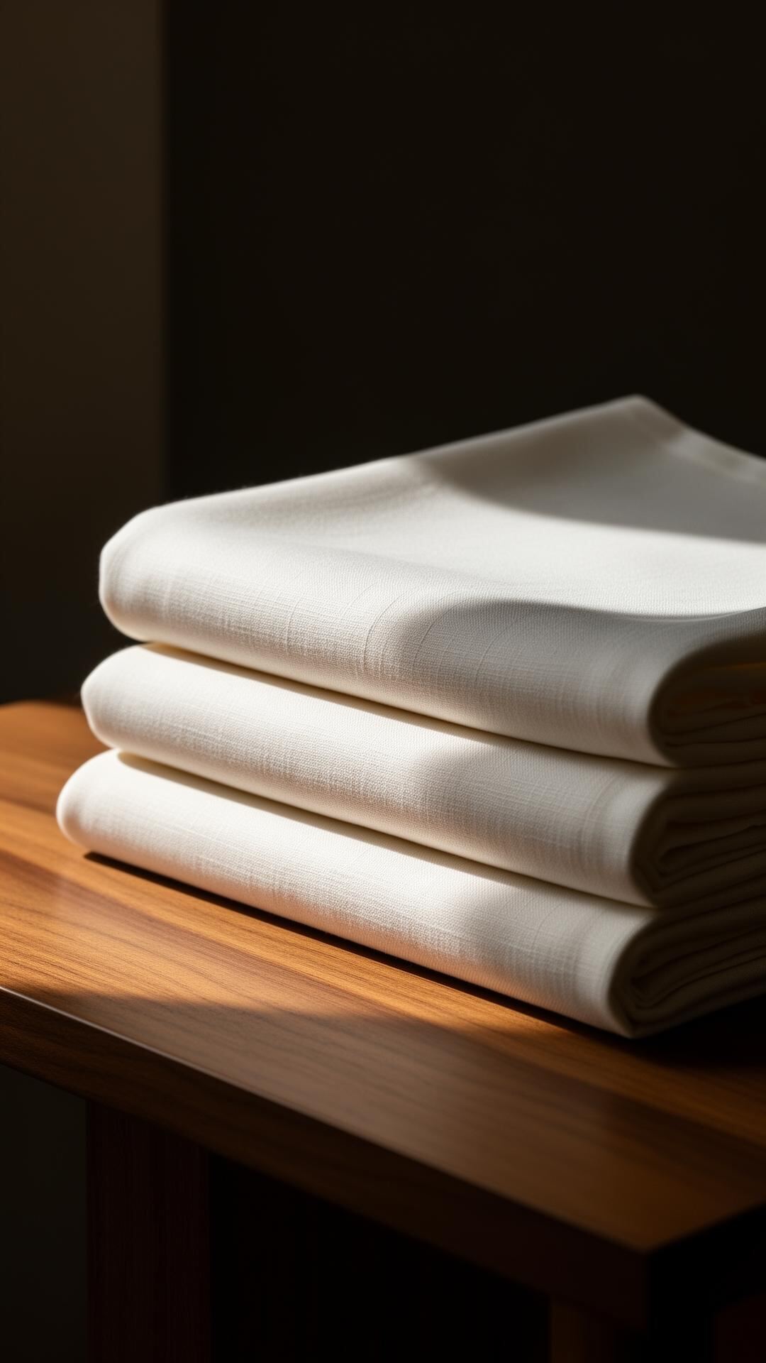 A stack of crisp folded ivory linen on warm timber