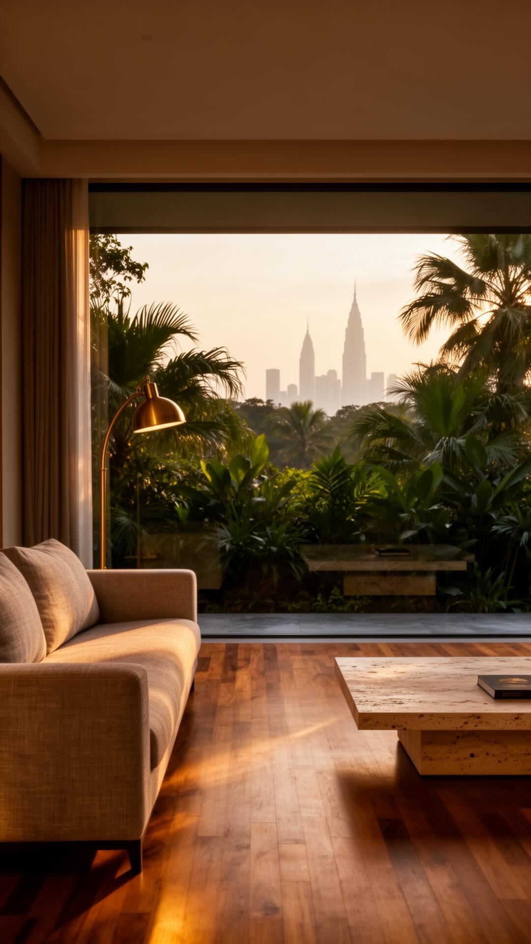 A Grand Maison residence at golden hour overlooking the KL skyline through tropical greenery